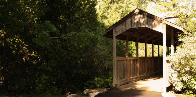 Covered bridge entrance surrounded by trees